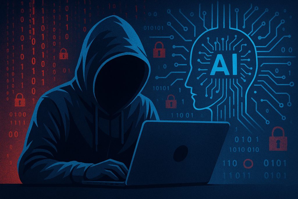Hacker using AI technology surrounded by digital code and glowing screens.